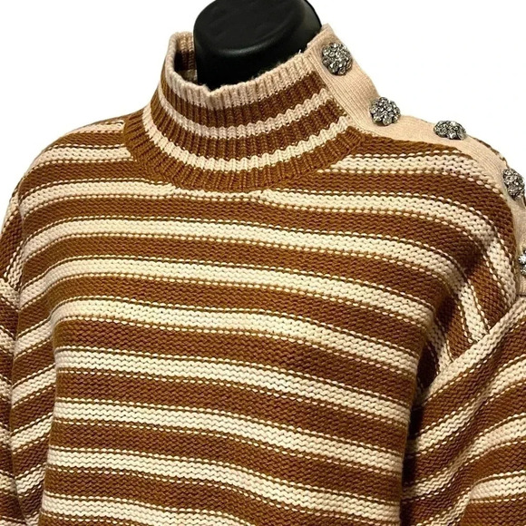 NWT J Crew Jeweled Rhinestone Button Lambswool Striped Sweater Tan Womens XL - Picture 1 of 12